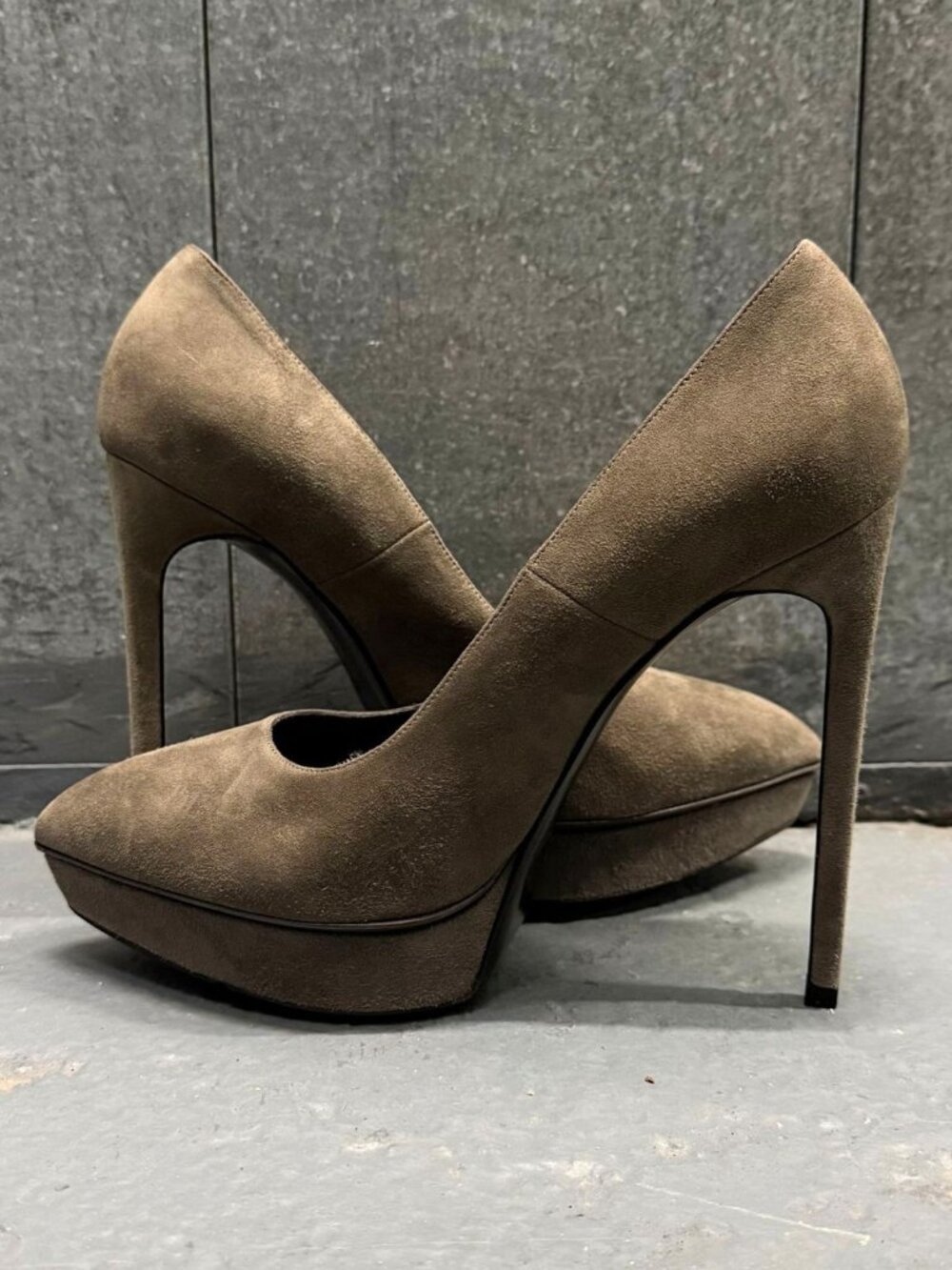 SAINT LAURENT JANIS Dark Grey Suede Leather Platform Stiletto Pumps Shoes 38.5 - Picture 6 of 9